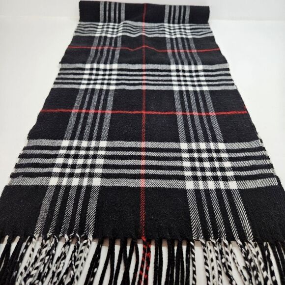 Gorgeous 100% Cashmere Black Plaid Fringe Rectangle Scarf Made Scotland Unisex - Picture 4 of 4